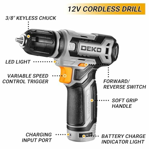 Taladro inalámbrico de 12V con control de velocidad y luz LED.