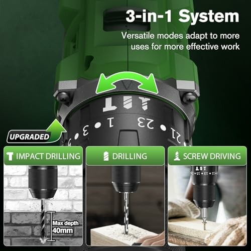 Sistema de taladro 3 en 1 con modos versátiles para perforar y atornillar.