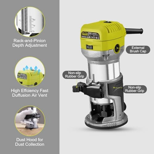 Enrutador compacto de madera con ajustes y características destacadas.