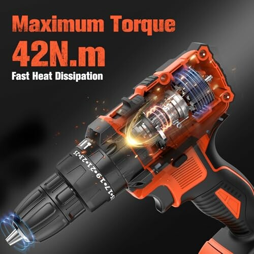 Taladro inalámbrico con torque máximo de 42N.m y disipación de calor rápida.