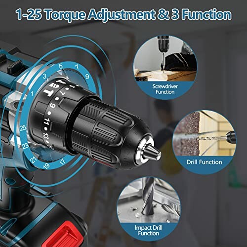 Taladro inalámbrico con ajuste de torque y funciones de destornillador, taladro e impacto.