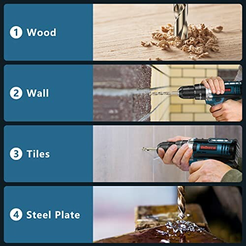 Taladro perforando madera, pared, azulejos y placa de acero.