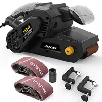 Lijadora eléctrica con accesorios y correas de repuesto.