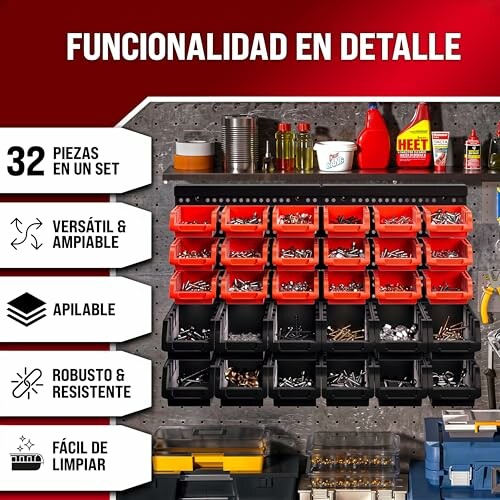 Sistema de almacenamiento de garaje con contenedores apilables.