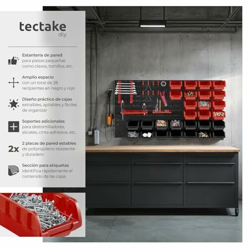 Sistema de organización de pared para garaje con estanterías y cajas rojas.