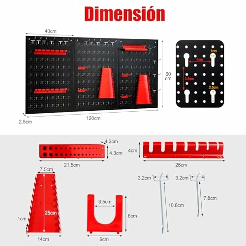 Esquema de dimensiones de organizador de herramientas para garaje.