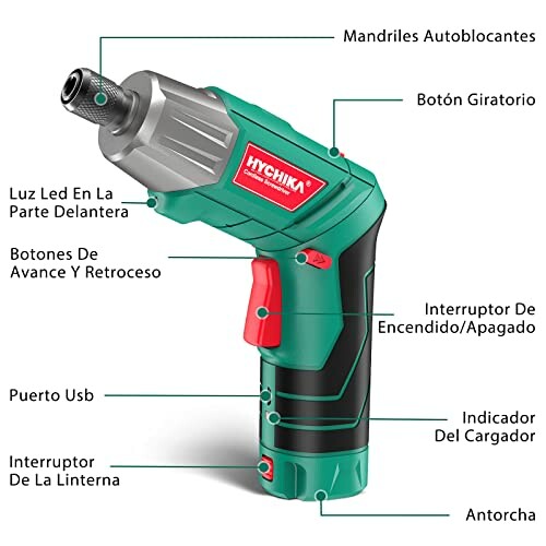 Destornillador eléctrico con etiquetas de características.