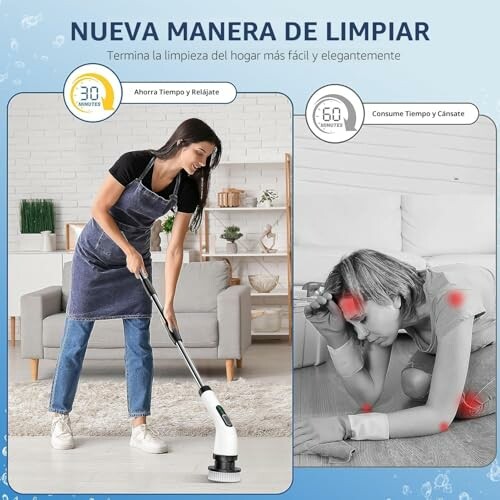 Mujer joven limpiando con dispositivo moderno y otra mujer cansada limpiando manualmente.