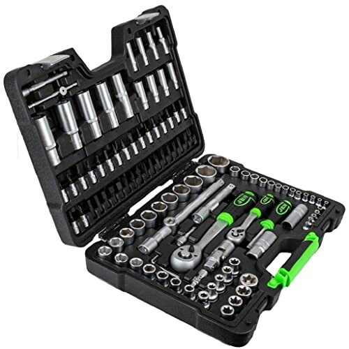 Juego de herramientas mecánicas en estuche abierto.