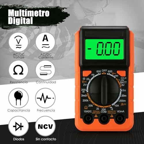 Multímetro digital con pantalla y funciones para medir voltaje, corriente, resistencia y más.
