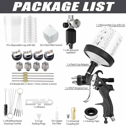 Lista de artículos incluidos en el kit de pistola de pintura.