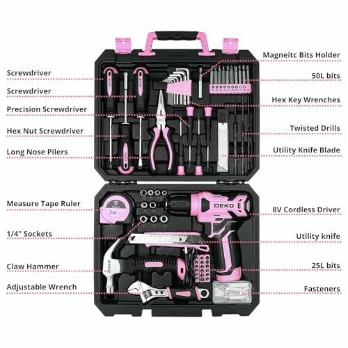 Conjunto de herramientas rosa con destornilladores, alicates y taladro.