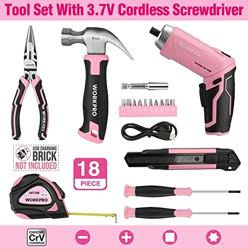 Juego de herramientas rosa con destornillador inalámbrico y accesorios.