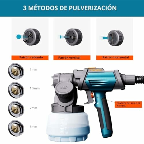 Pistola de pintura con tres métodos de pulverización y control de flujo.