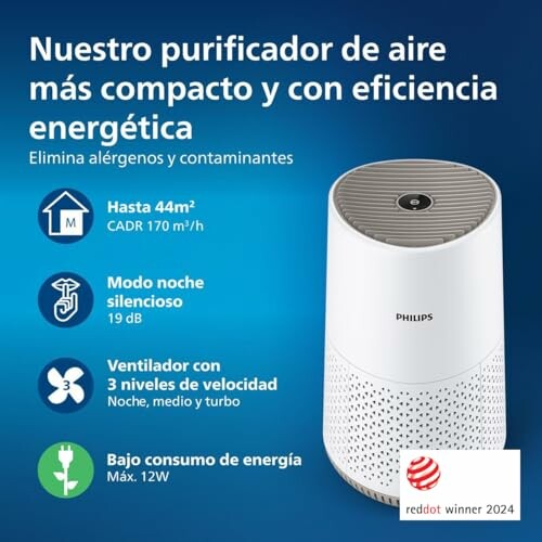 Purificador de aire compacto con eficiencia energética y varias funciones.