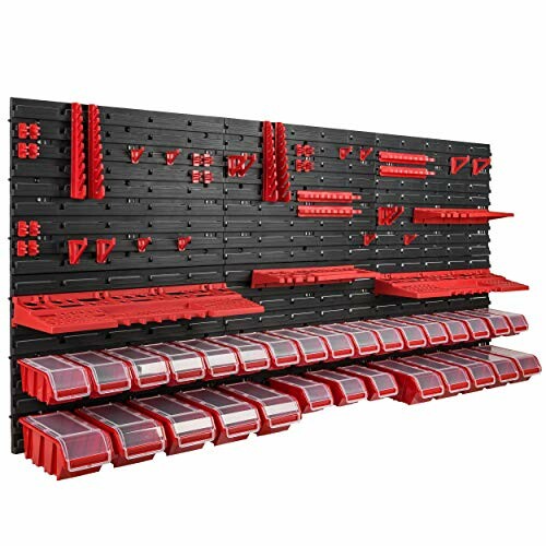 Sistema de almacenamiento de herramientas con contenedores rojos y panel negro.