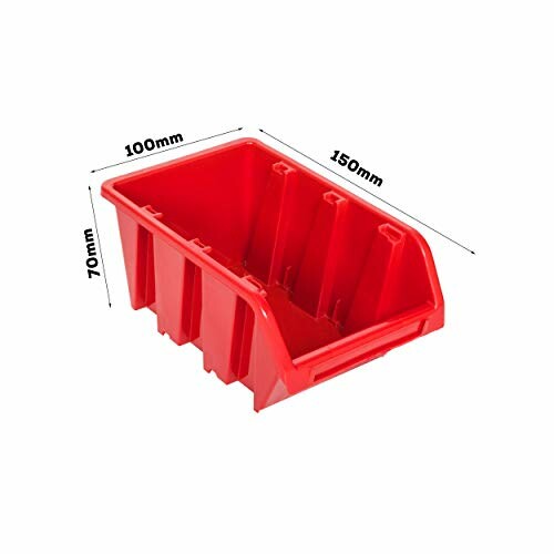 Cajón de almacenamiento de plástico rojo con medidas.