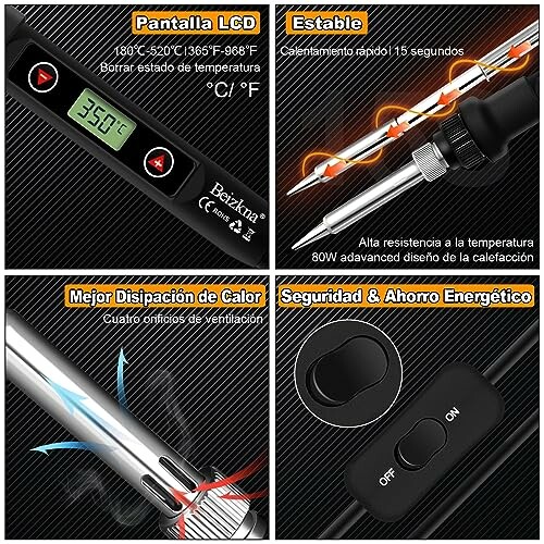 Características de un soldador con pantalla LCD y diseño estable.