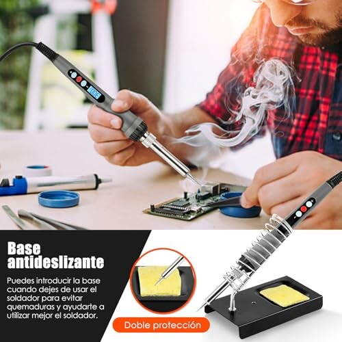 Persona usando un soldador con equipo de protección.