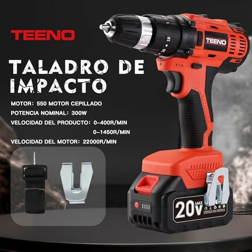 Taladro de impacto inalámbrico Teeno con detalles técnicos.