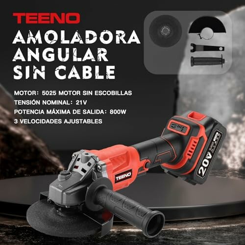 Amoladora angular sin cable Teeno con motor potente y velocidades ajustables.