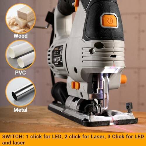 Sierra de calar con interruptor de LED y láser, adecuada para madera, PVC y metal.